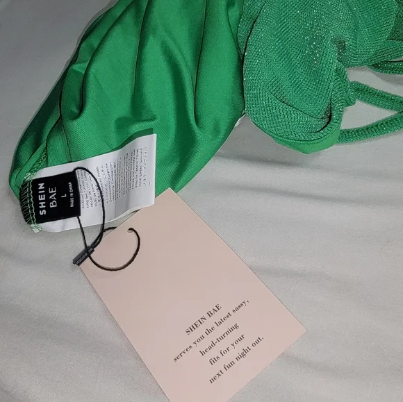 shein.Bae.Elegant Green Open Back Drawstring Shoulder Sparkly Dress Size L - Picture 2 of 12